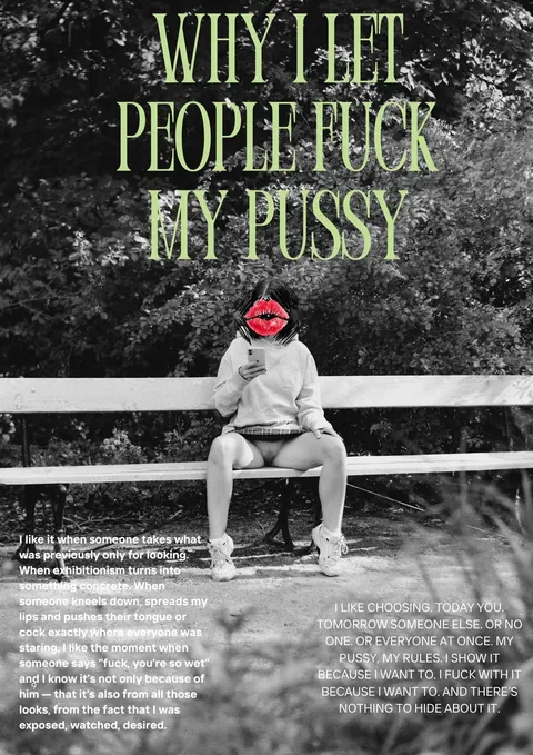 I try to turn public nudity into art, and art into public nudity. Here, my version of pussy flashing in the park. What do you think?