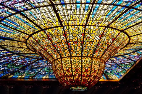 Great stained glass ceiling of the Palau de la Música Catalana, in Barcelona, Catalonia
