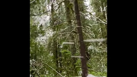 Driving up a mountain with the snow falling