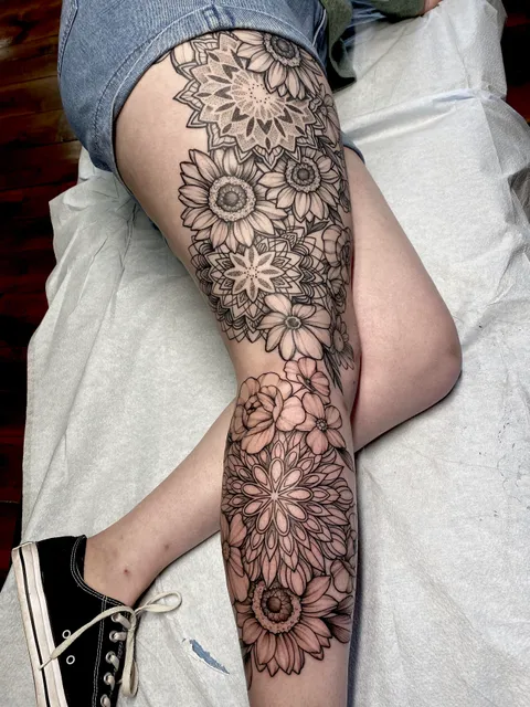 Some progress on a full leg sleeve I’m (Stefani Stipple) working on. Iron Thorn Tattoo in Trexlertown, PA
