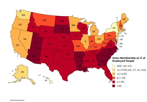 [OC] Union Membership as % of Employed People by U.S. State (2024)