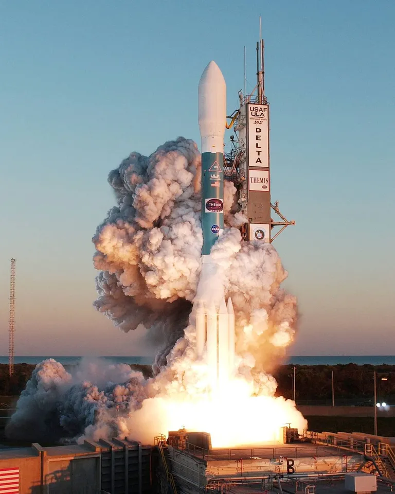 A Delta II is seen shortly after liftoff on its way to deliver NASA's THEMIS spacecraft to orbit. February 2007