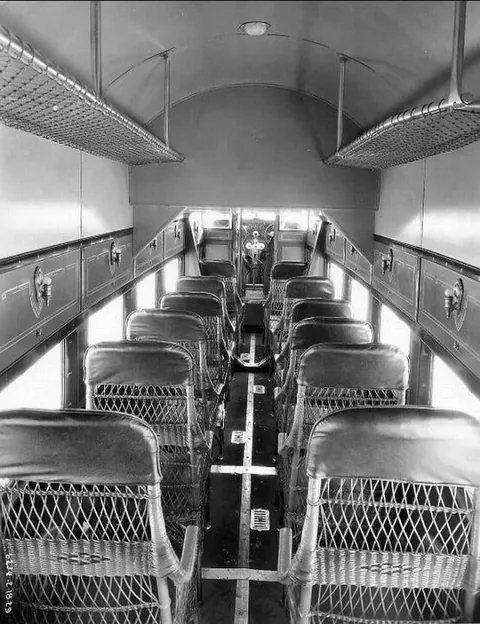 Inside of early commercial airplanes in the 1920s.