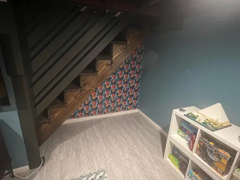 First real furniture building project. Wanted a cabinet/bar in this small space under our basement stairs. Pretty happy with the results!