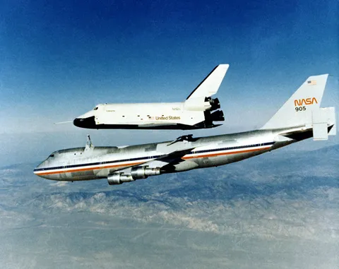 Space Shuttle Prototype Enterprise separates from the NASA 747 Shuttle Carrier Aircraft for its first tailcone-off flight.