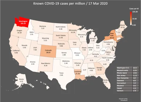 [OC] Known COVID Cases per Million Residents (the CDC chart didn't take population into account so this does)