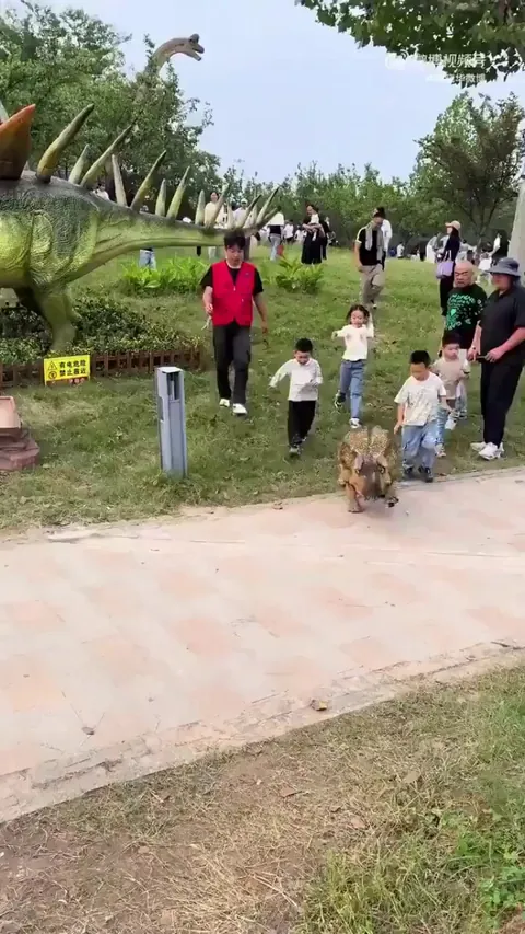 Replacing classical animatronics, in the Changzhou Dinosaur Amusement Park in China, they let a Unitree robot dog in a baby Triceratops costume play with the children.