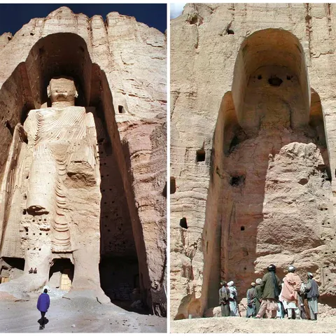 A photo of the Buddhas of Bamiyan in Afghanistan before and after its destruction.