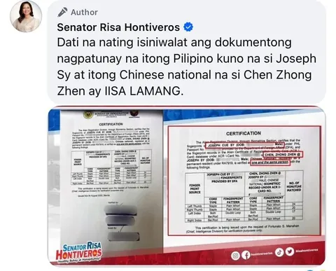 Senator Risa Hontiveros exposes local businessman Joseph Sy as a Chinese national named Chen Zhong Zhen, who is allegedly involved in foreign interference activities