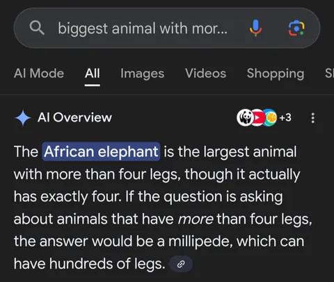 Google AI overview on animals with MORE than 4 legs