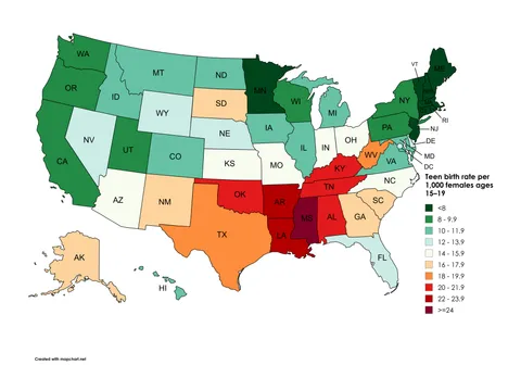 [OC] Teen birth rate per 1,000 females ages 15–19 by US state