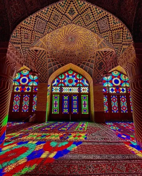 The Nasir al-Mulk Mosque, also known as the Pink Mosque, built between 1876 and 1888 in Shiraz, Iran, during the Qajar dynasty.