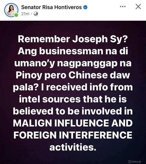 Senator Risa Hontiveros exposes local businessman Joseph Sy as a Chinese national named Chen Zhong Zhen, who is allegedly involved in foreign interference activities