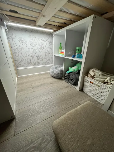 Built a storage bed with thrifted shelves