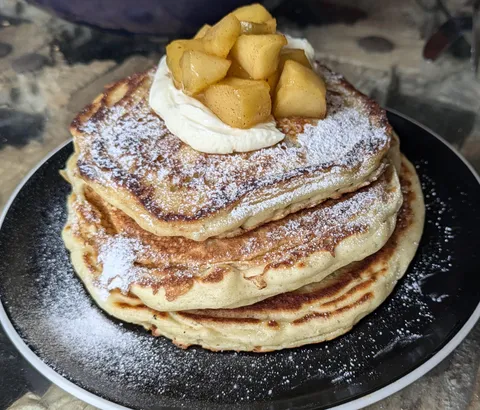 Buttermilk pancakes with vanilla creme fraiche and brandy apple compote 
