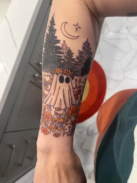 Flower ghost by Gina at Vintage Arts Tattoo in Nazareth, PA