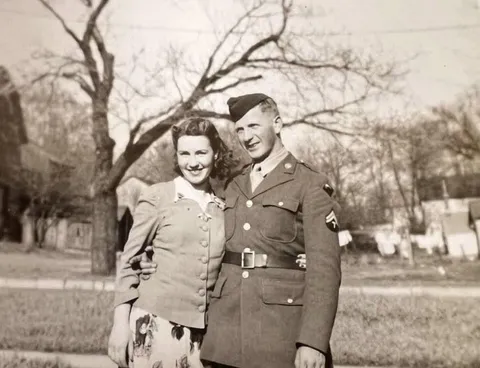 My grandma and granddad the day he got back from serving in WWII. They got married the same day, and stayed happily together the rest of their lives. Michigan, 1945ish 