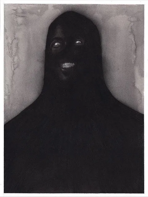 “Happy Person Having a Pleasant Conversation in Public” by Randy Ortiz, charcoal, acrylic, pastel. 9x12″