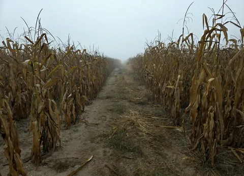I was walking out in a corn field this morning, it was foggy and overcast, and I thought this was pretty creepy. No wind. Silent.