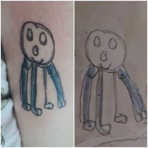 Got this in memory of my sister. Always made me laugh the way she drew her people &amp; am so happy with how it came out. Done by Adrian Montana in Smiley Dogg, Cork