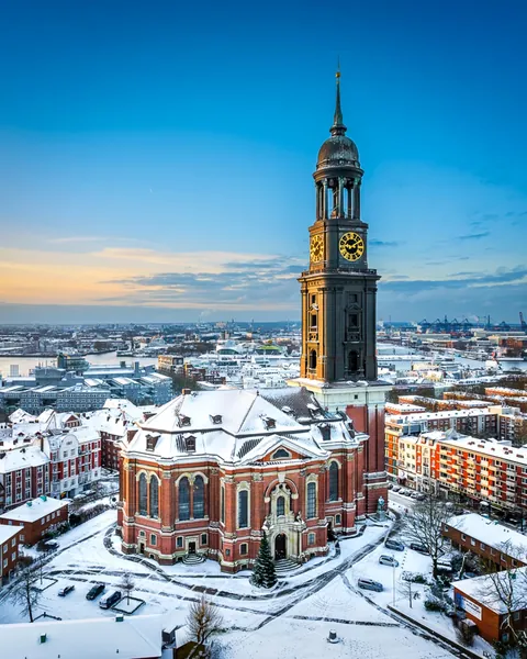 St. Michael's Church, considered to be one of the finest Hanseatic Protestant baroque churches, with a 132-metre high Baroque spire totally covered with copper, Hamburg, Germany.