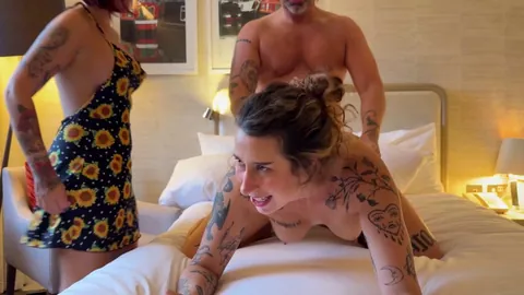 Husband, an Australian guest, and me undressed in the chair filming