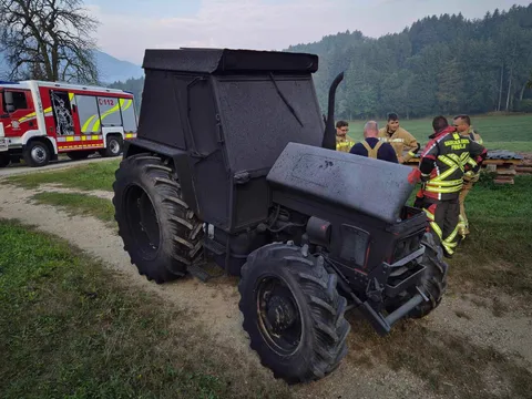 Farm tractor after it was caught by a barn fire