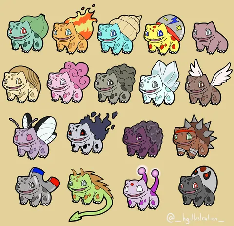 I drew Bulbasaur in every type [OC]