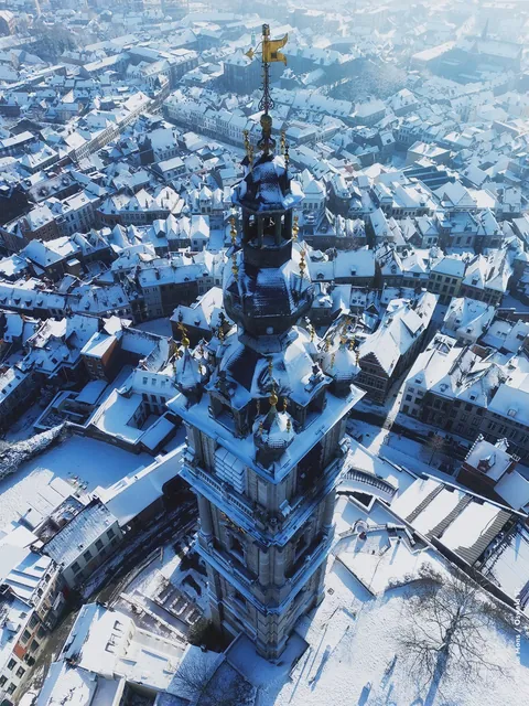 17th-century Baroque Belfry of Mons, the only Baroque-style bell tower in Belgium. Once described by French author Victor Hugo as "a coffeepot flanked by four smaller teapots" in a letter to his wife.