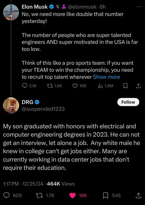 Elon Musk gets ratioed by a 300 follower account over the H1B visas row, then bans it. Then changes the X algorithm overnight.