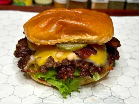 Bacon double smash burger with [homemade] mustard pickles