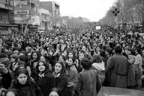 Women marching against the mandatory hijab law imposed by the Islamic Revolution led by Ayatollah Khomeini, Iran, 1979
