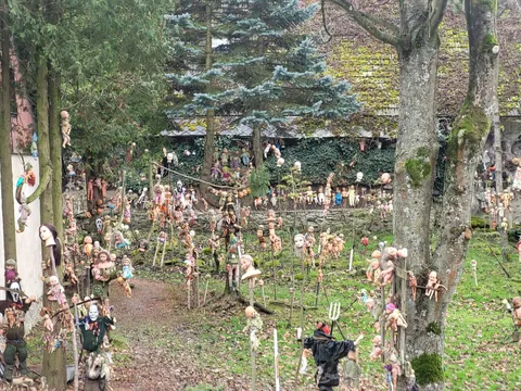 This house near my town. Many years ago it started "only" with hanged babies. Now there are heads on spikes and mannequins too.