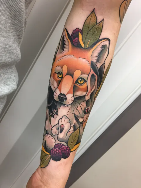My fox and rabbit. 2nd session of my sleeve by Alvaro Alonso, Malibu Tattoo, Barcelona.