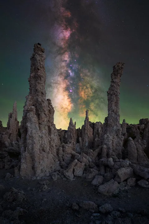 Milky Way Core rising above strange rock towers in California
