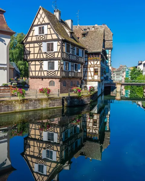 Half-timbered houses along the River Ill in the Petite France district of Strasbourg, France.