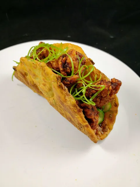 [Homemade] Nashville hot fried chicken nugget taco in a scallion pancake shell
