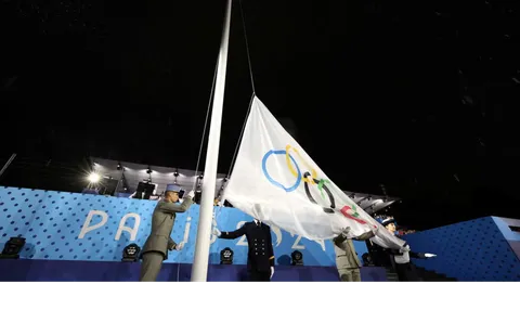 Olympic flag raised upside down at the paris olympics
