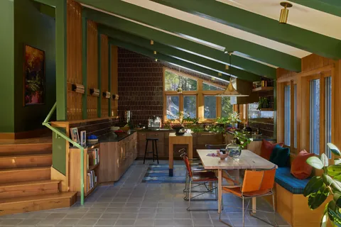 Kitchen with window seats in a renovated 1964 Mid-century modern split level Tahoe residence, Alpine Meadows, California [2880x1921]