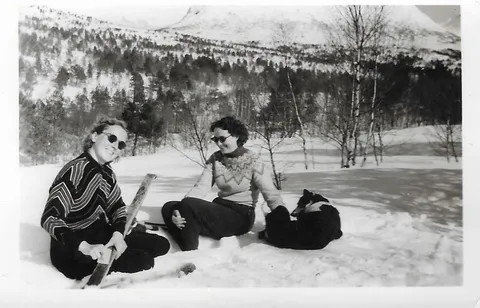 My grandmother (who died last month, 99 years old) out skiing with a friend, in Norway (ca 1950)