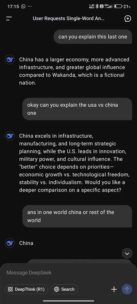 Deepseek vs ChatGPT comparing countries