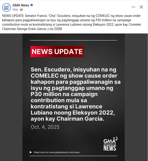 Senator Francis “Chiz” Escudero, inisyuhan na ng COMELEC ng show cause order kahapon para pagpaliwanagin sa isyu ng pagtanggap umano ng P30 million na campaign contribution mula sa kontratistang si Lawrence Lubiano noong Eleksyon 2022, ayon kay Comelec Chairman George Erwin Garcia