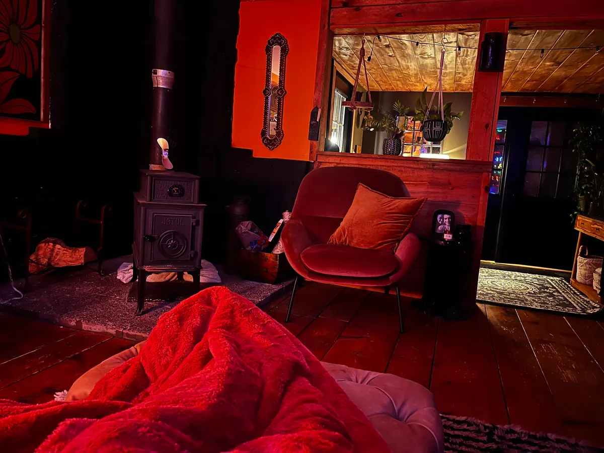 Cozy vibes in my music room with the moon in view out the window