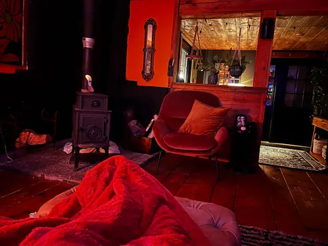 Cozy vibes in my music room with the moon in view out the window