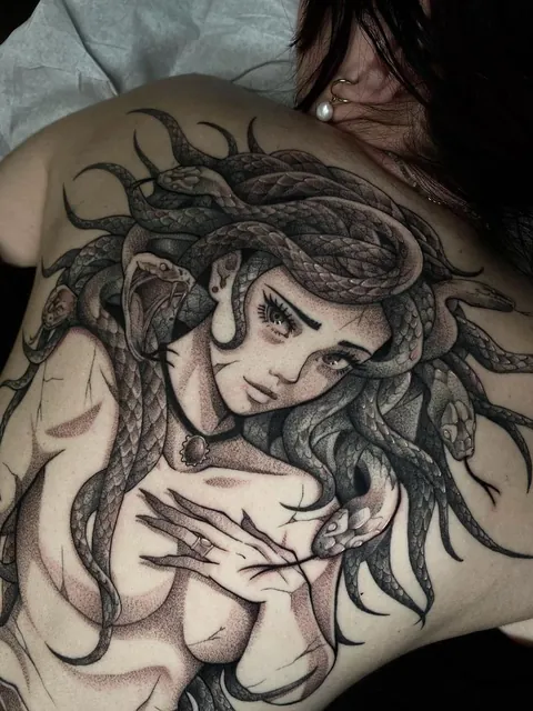 Medusa Backpiece, done by belzebubtattoo at drink ink tattoo, Switzerland 