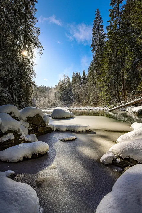 Bluebird day after a rare snowfall at a creek in North Vancouver, BC [OC][3500x2334]