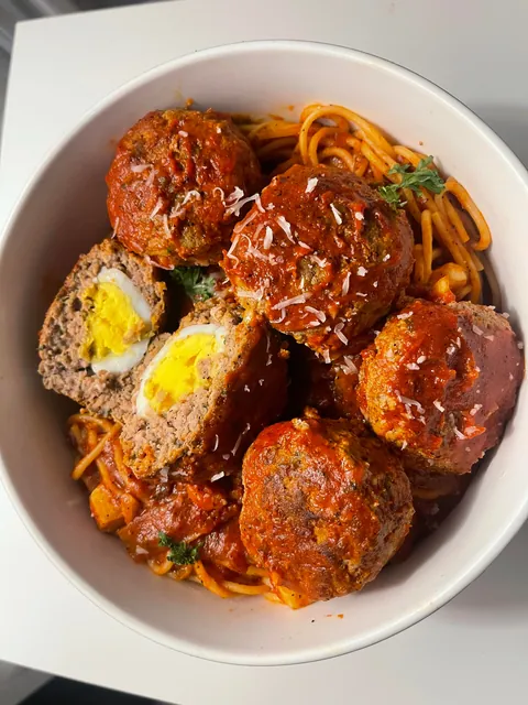 [homemade] pasta and meatballs with hard boiled eggs inside