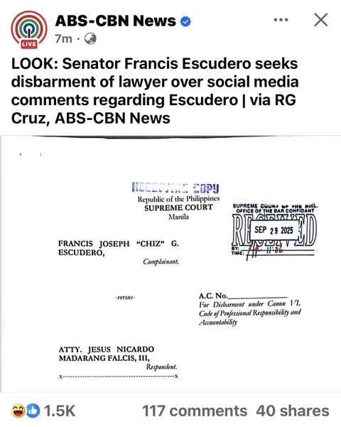 Sen. Chiz Escudero seeks disbarment of Atty. Jesus Falcis over social media comments regarding him.