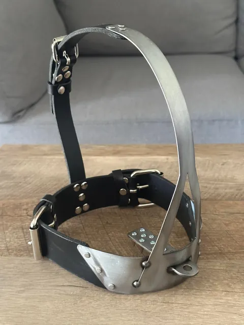 Dressed up like a good little slut, locked in chastity, made to wear a scolds’s bridle with spikes and strung up like a piece of meat.