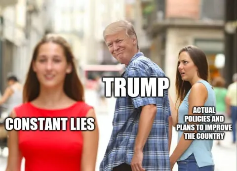 His entire platform is to lie about his opponent and blame other people, never about what he can do to make things better.